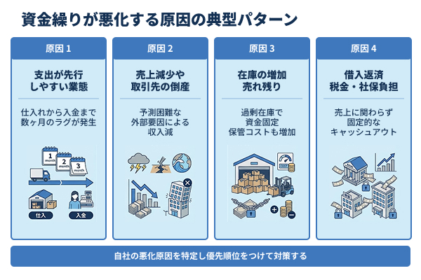 資金繰りが悪化する原因の典型パターンの図解