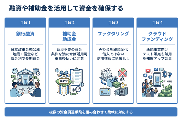 融資や補助金を活用して資金を確保するの図解