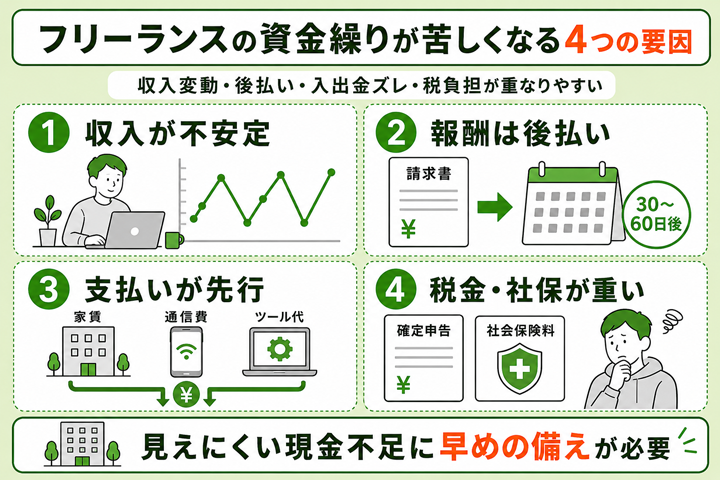 フリーランスが資金繰りで苦労しやすい構造的な要因の図解