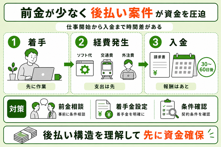 前金が少ない契約体系や報酬後払いの案件が資金を圧迫するの図解