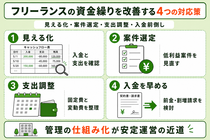 フリーランスの資金繰りを改善するための対応策の図解