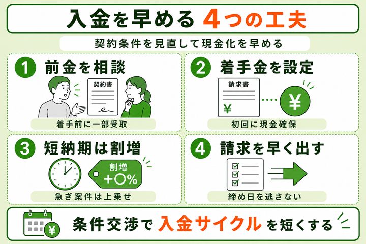 報酬前倒し交渉や割増請求で入金を早める工夫を導入するの図解