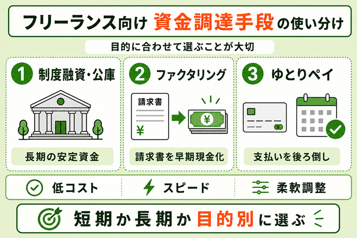 フリーランスに適した資金調達手段と使い分け方の図解