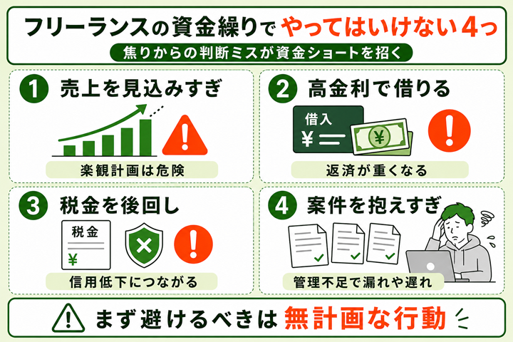 フリーランスの資金繰りでやってはいけない行動の図解