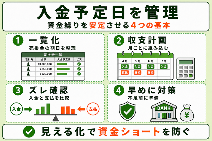 期日現金の入金予定日を管理して資金繰りを安定させる