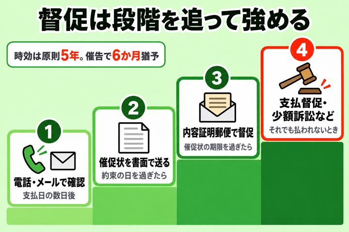 督促の4つの段階。電話・メールで確認、催促状、内容証明郵便、支払督促・少額訴訟などの法的な手続きの順に強める